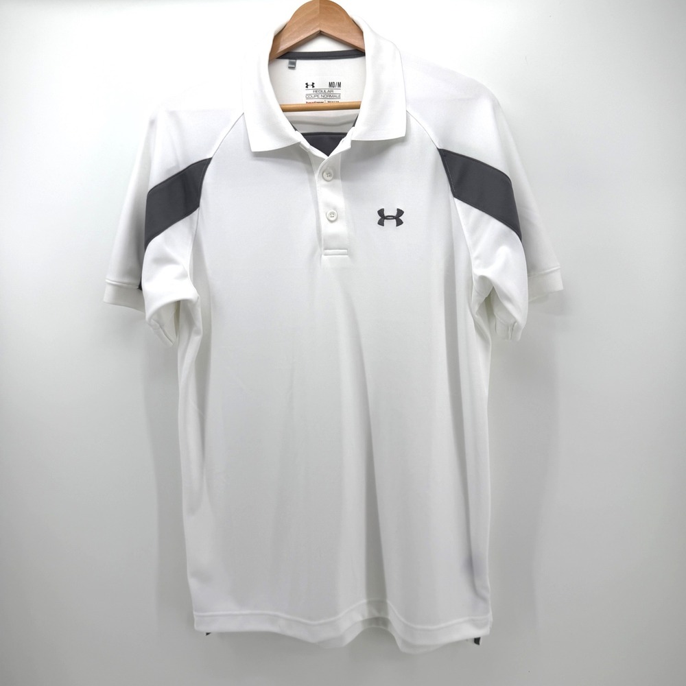 Under Armour Polo Shirt Mens Medium White HeatGear Colorblock Athletic Golf Top